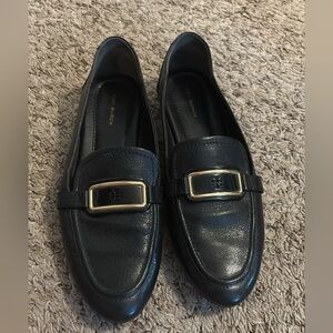 Tory Burch Black Leather Loafers with Gold Accent